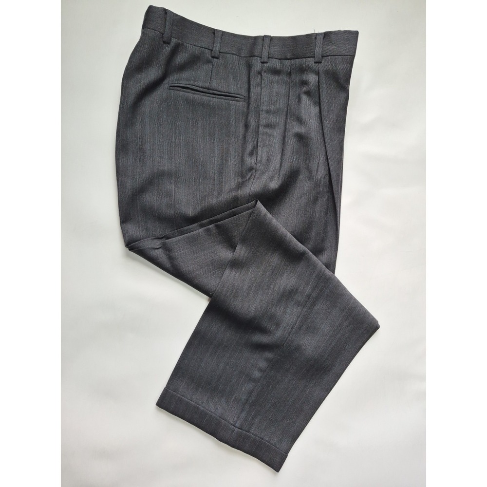 Bespoke Mens Pleated Wool Dress Pants 36x29 Gray Stripe Cuffed Straight Leg